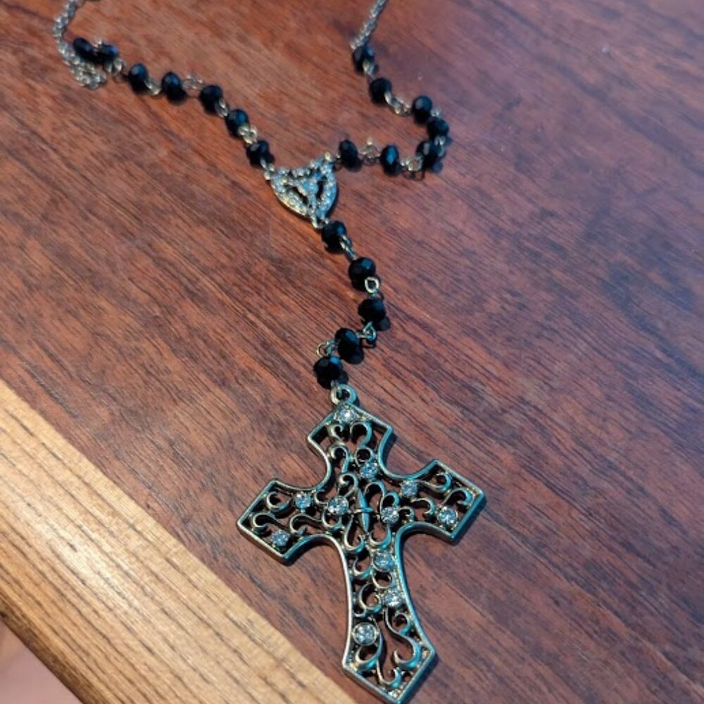 Silver Cross Pendant With Black Beads Costume Jewelry